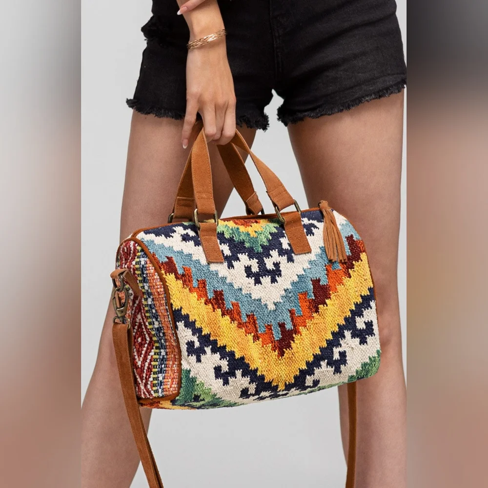 Handmade Boho Chic Satchel / Boston Bag - Navajo Aztec Inspired Design - Picture 5 of 10